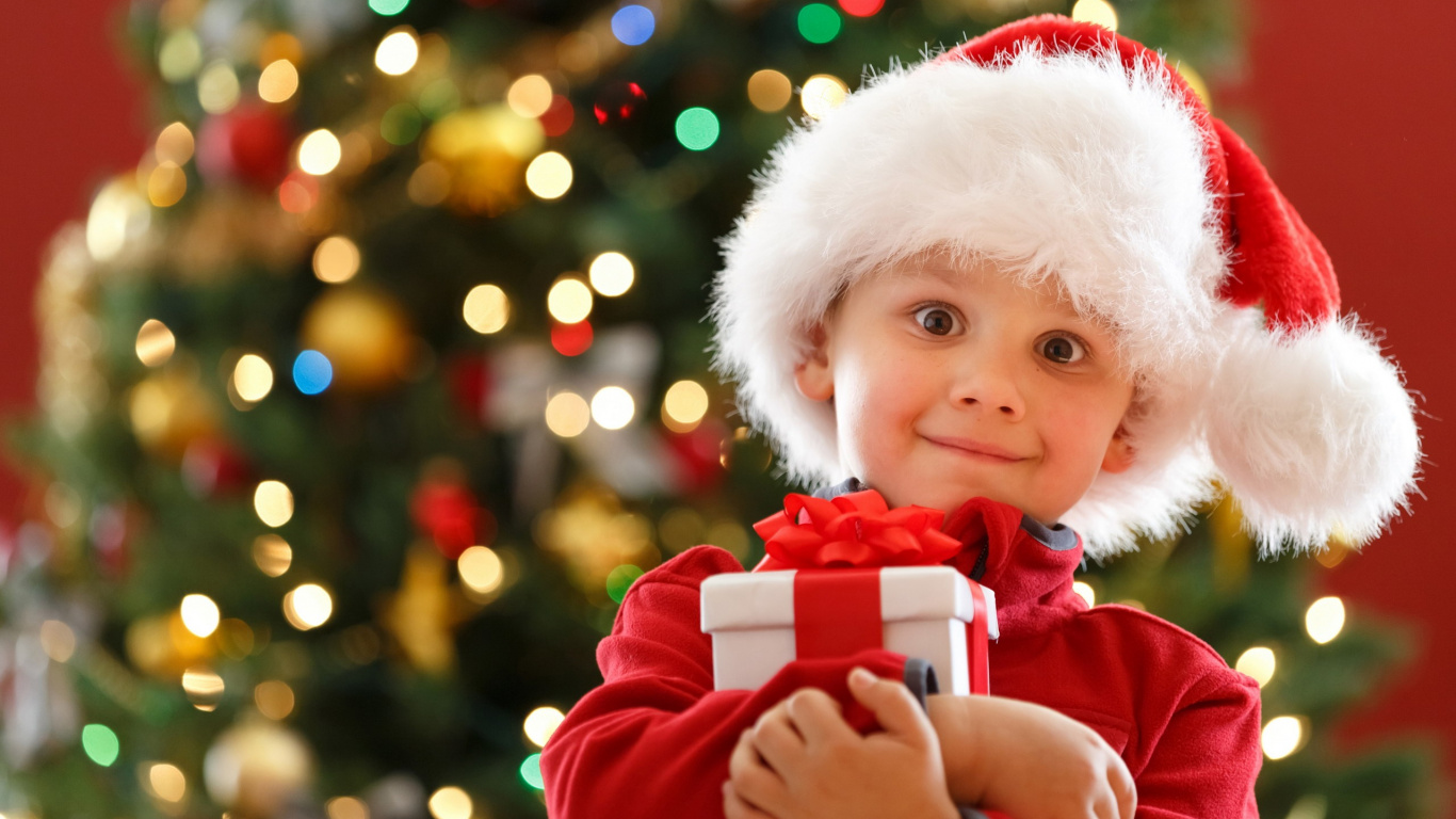 Geschenk, Weihnachtsmann, Kind, Weihnachtsdekoration, Weihnachtsbaum. Wallpaper in 1366x768 Resolution