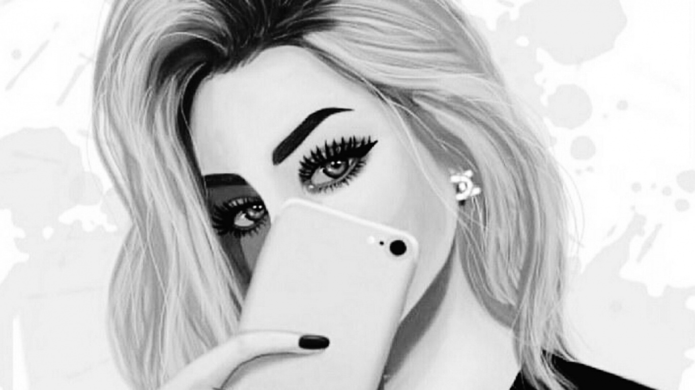 Frau im Schwarzen Langarmhemd Mit IPhone. Wallpaper in 1366x768 Resolution