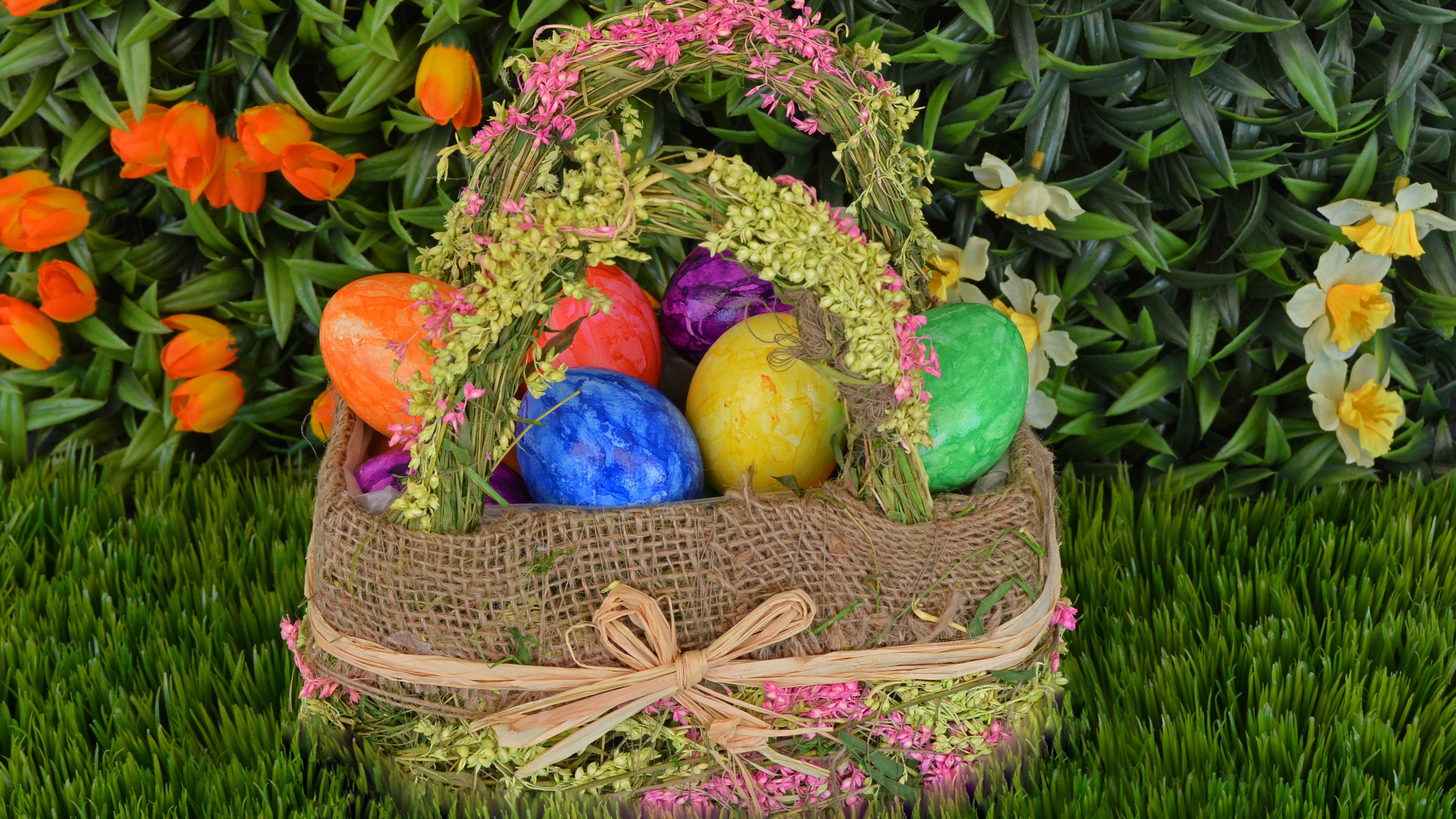 复活节篮子, 复活节彩蛋, 草, 复活节, 假日 壁纸 3840x2160 允许