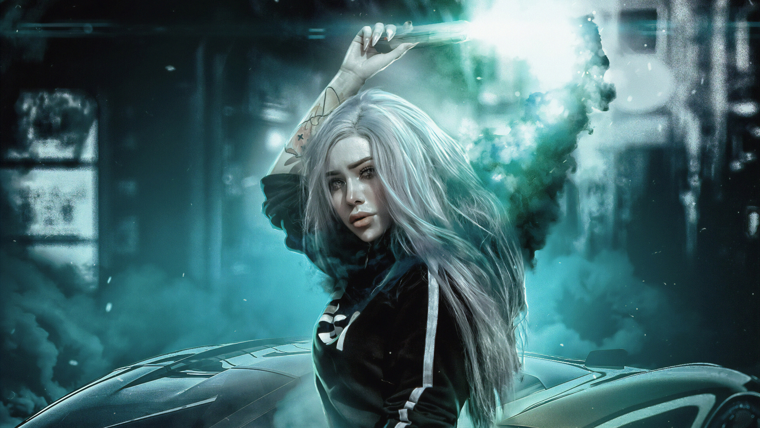 Femme en Blouson de Cuir Noir. Wallpaper in 2560x1440 Resolution