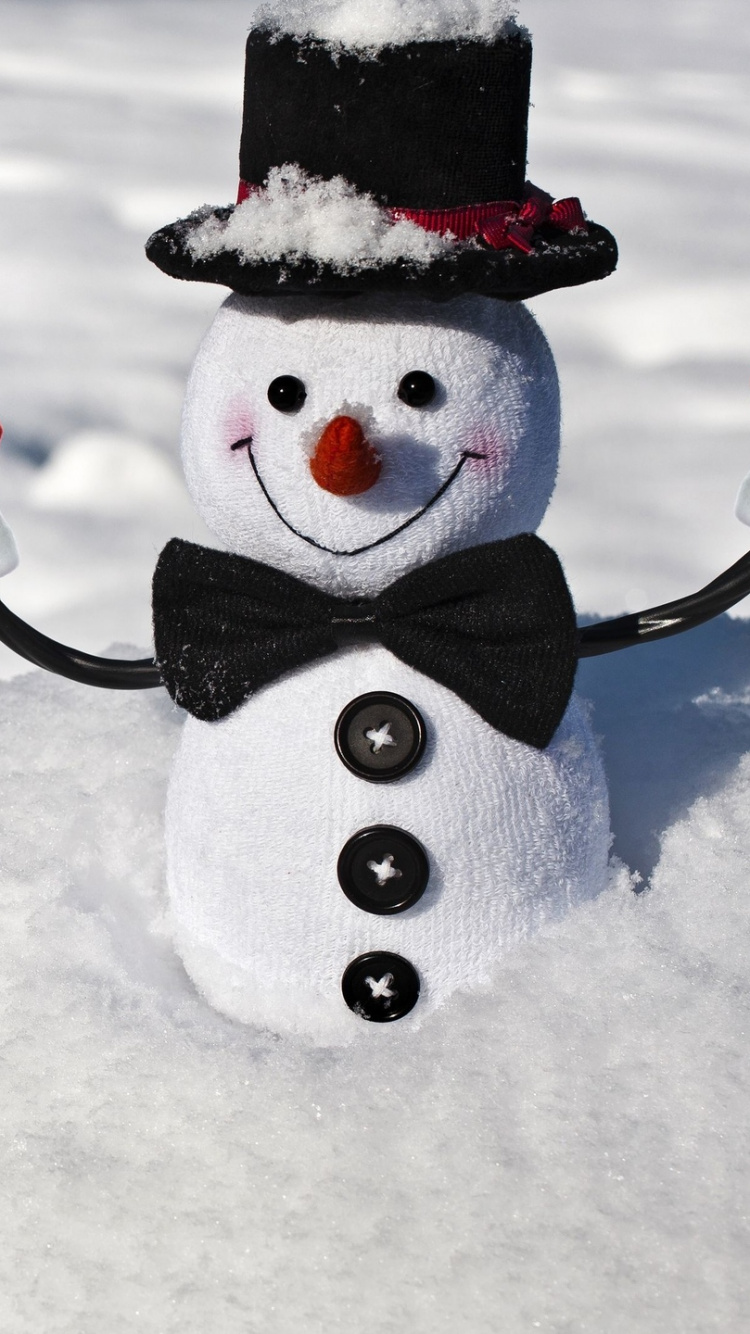 Snowman With Red and Black Hat on Snow Covered Ground. Wallpaper in 750x1334 Resolution