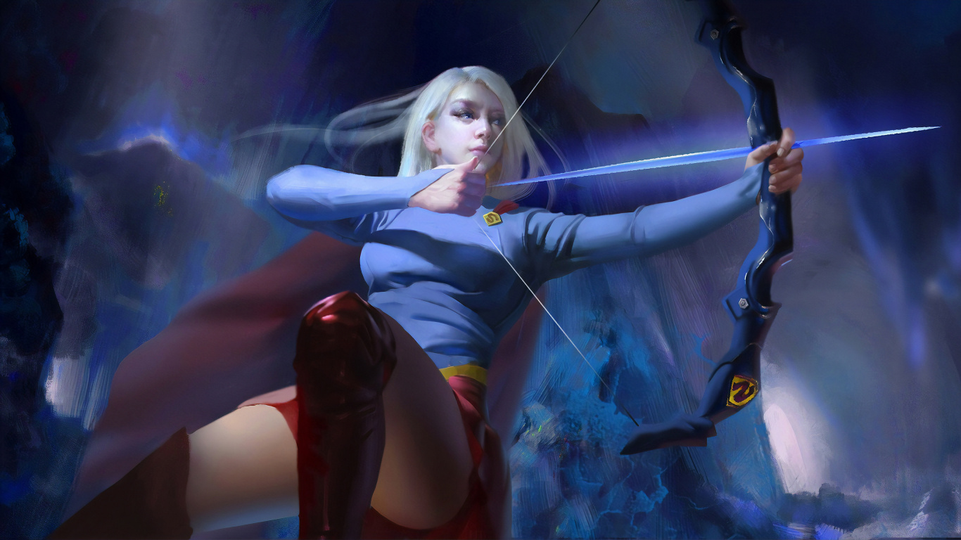 Femme en Bleu Chemise à Manches Longues et Short Noir Tenant un Arc. Wallpaper in 1366x768 Resolution