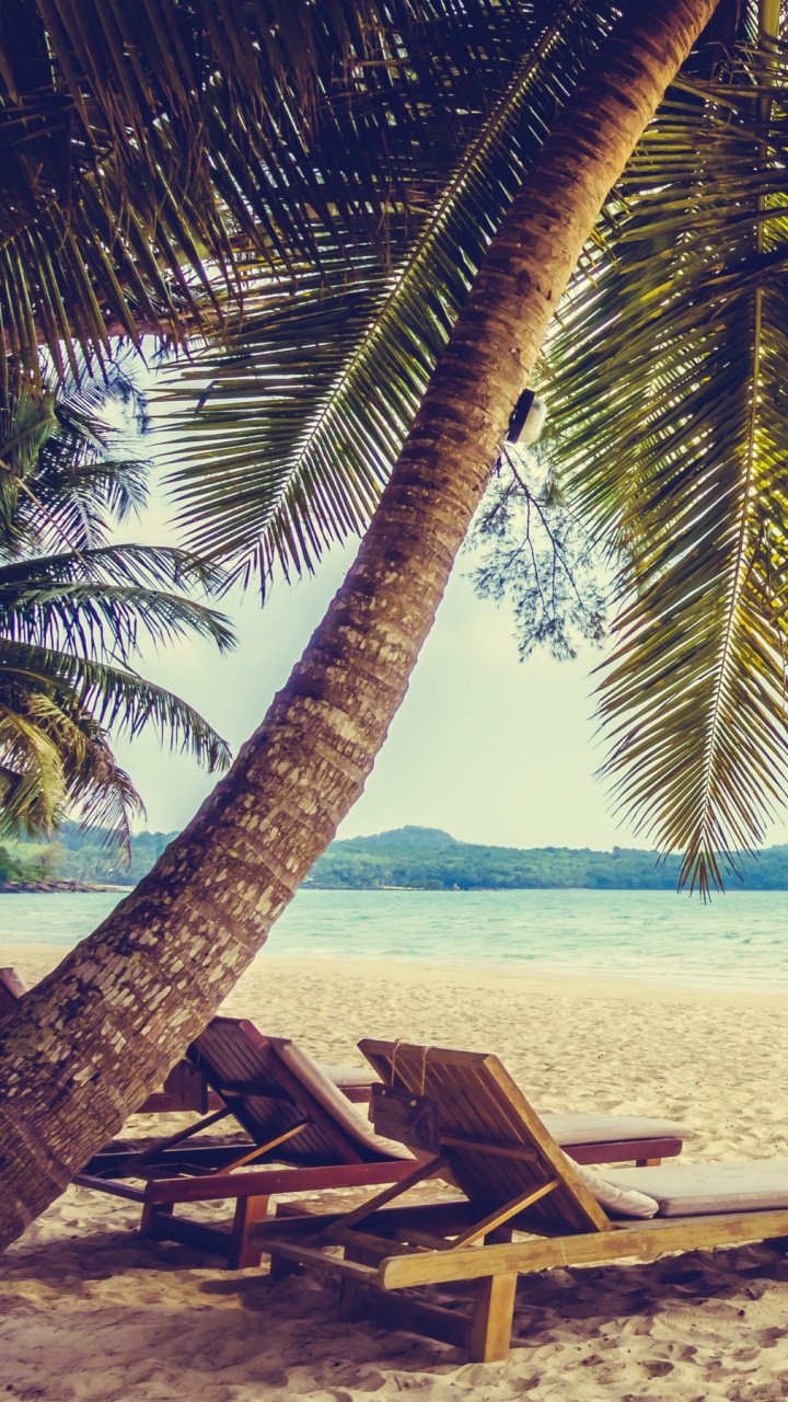 Brauner Holzliegestuhl am Strand Tagsüber. Wallpaper in 720x1280 Resolution