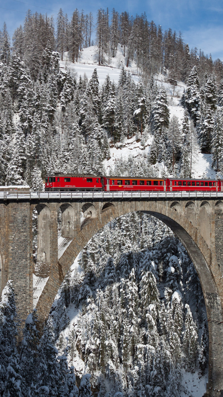 Red Train on Rail Bridge Near Trees Covered With Snow During Daytime. Wallpaper in 750x1334 Resolution