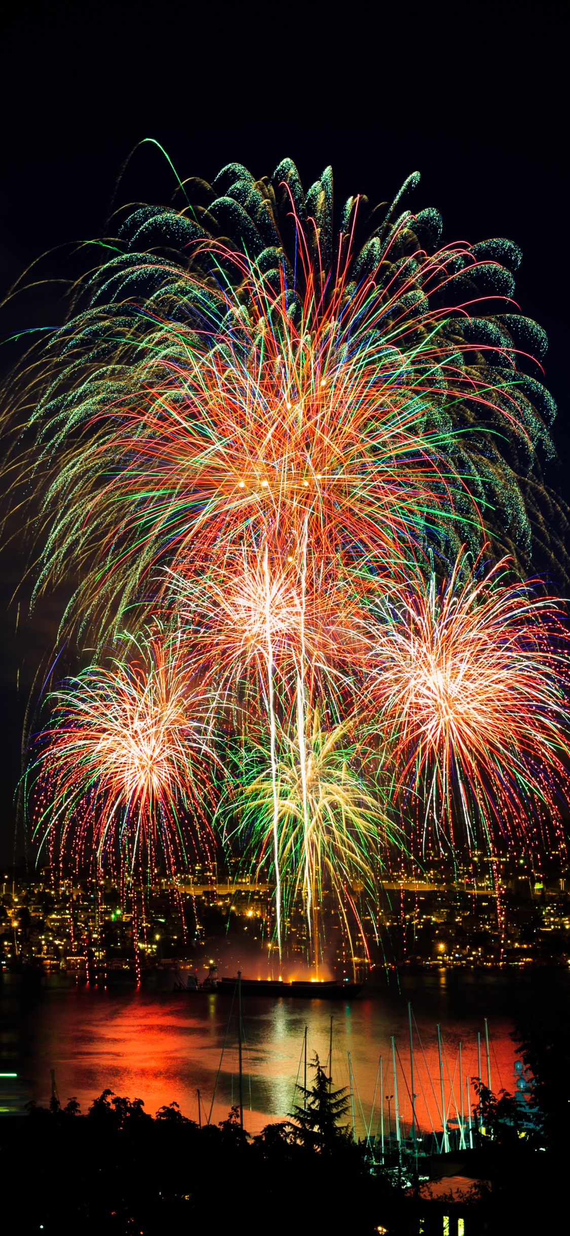 Independence Day, Fireworks, Night, New Years Day, Reflection. Wallpaper in 1125x2436 Resolution