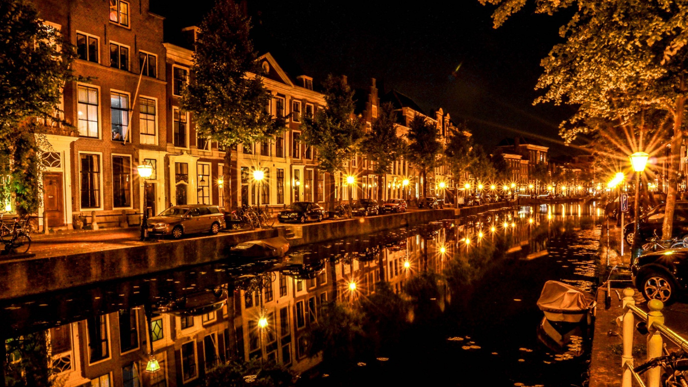 运河, 反射, 晚上, 城市景观, 城市 壁纸 1366x768 允许