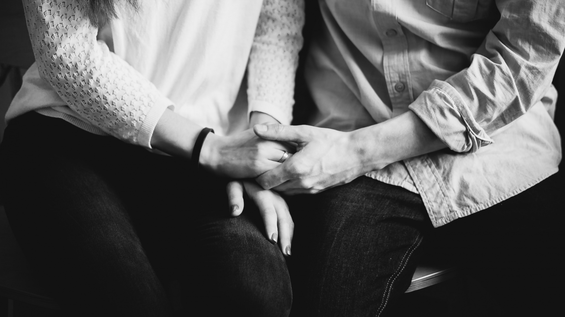 Grayscale Photo of Man and Woman Holding Hands. Wallpaper in 1920x1080 Resolution