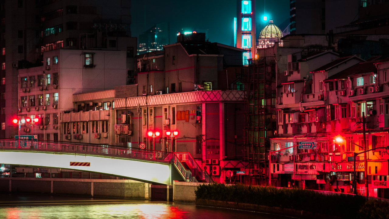 White Boat on Water Near City Buildings During Night Time. Wallpaper in 1280x720 Resolution