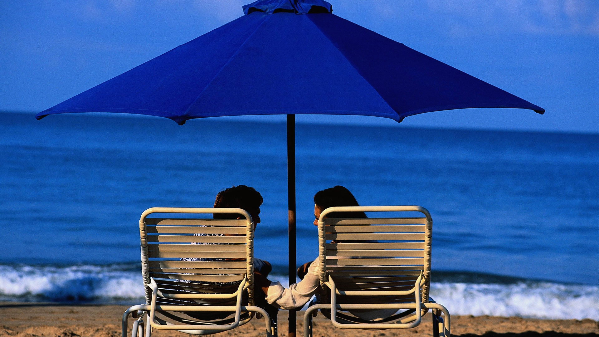 Blue Umbrella on Gray Metal Chair. Wallpaper in 1920x1080 Resolution