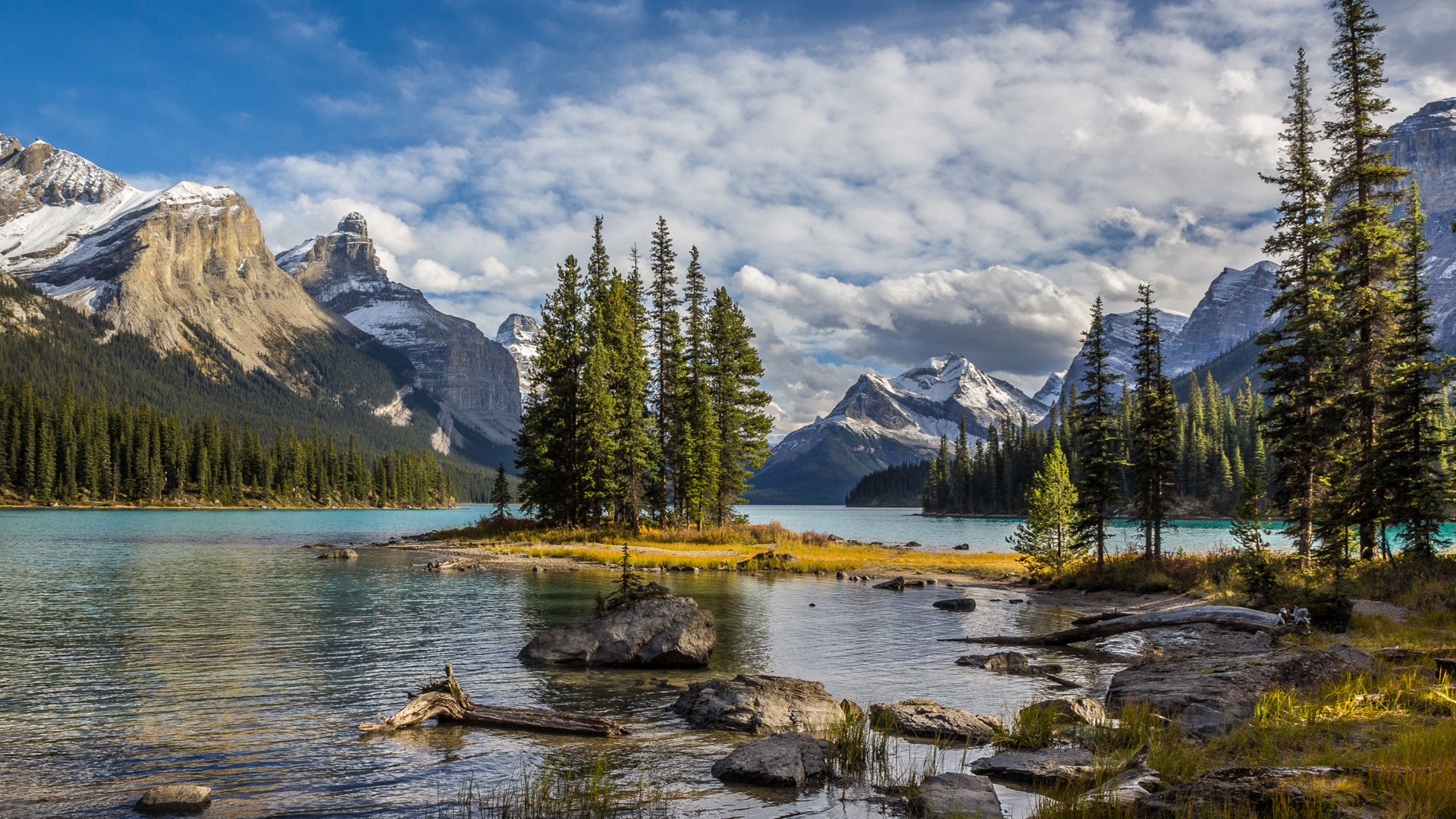 Green Pine Trees Near Lake Under White Clouds and Blue Sky During Daytime. Wallpaper in 1920x1080 Resolution