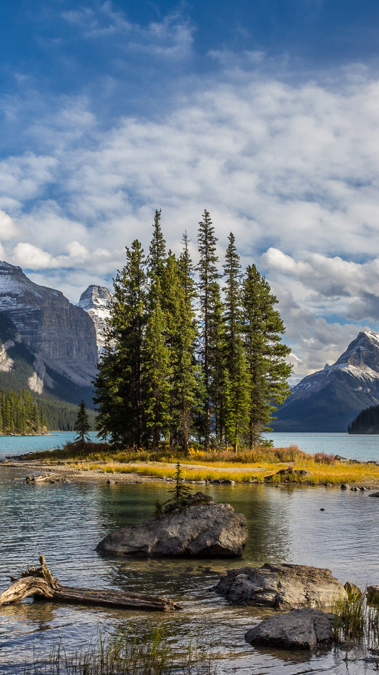 Grüne Pinien in Der Nähe Des Sees Unter Weißen Wolken Und Blauem Himmel Tagsüber. Wallpaper in 750x1334 Resolution