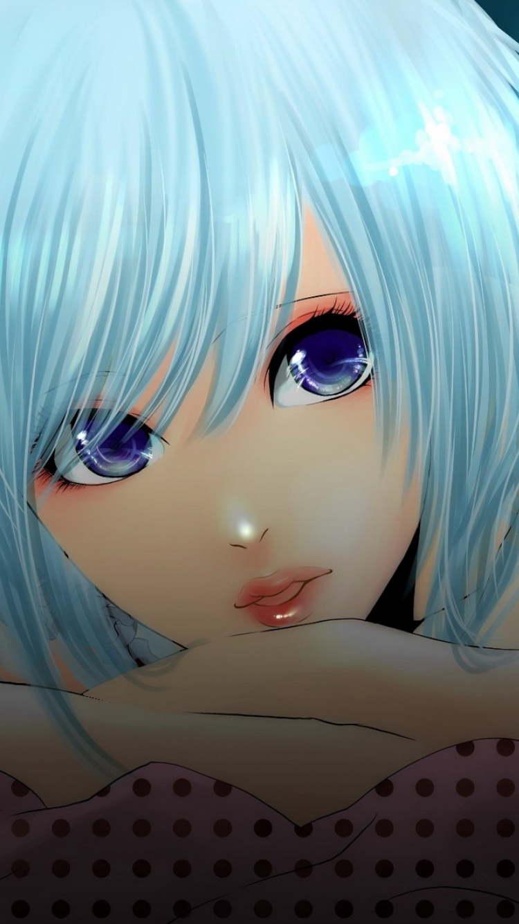 Blauhaarige Weibliche Anime-Figur. Wallpaper in 750x1334 Resolution