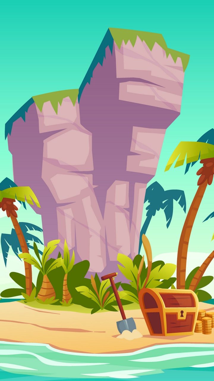 Pirate Ship in Island Cartoon, Piracy, Vector Graphics, Ship, Island. Wallpaper in 720x1280 Resolution