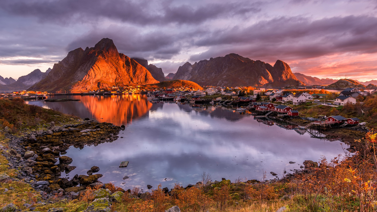 Lofoten, Fishing Village, Landscape, Mountain, Cloud. Wallpaper in 1280x720 Resolution