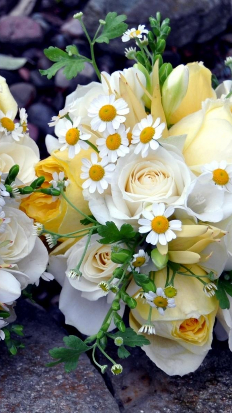 White and Yellow Roses Bouquet. Wallpaper in 750x1334 Resolution
