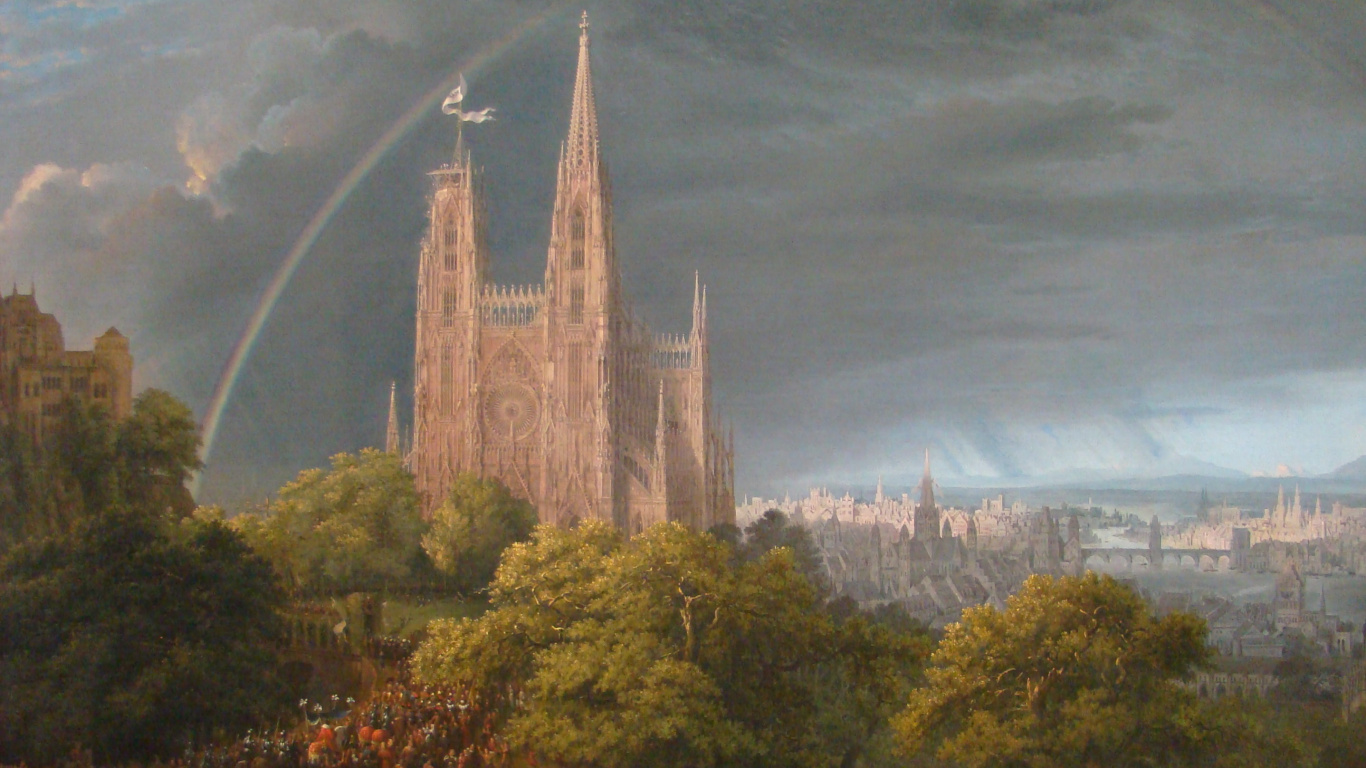 Brown and Green Trees Near Castle Under White Clouds. Wallpaper in 1366x768 Resolution