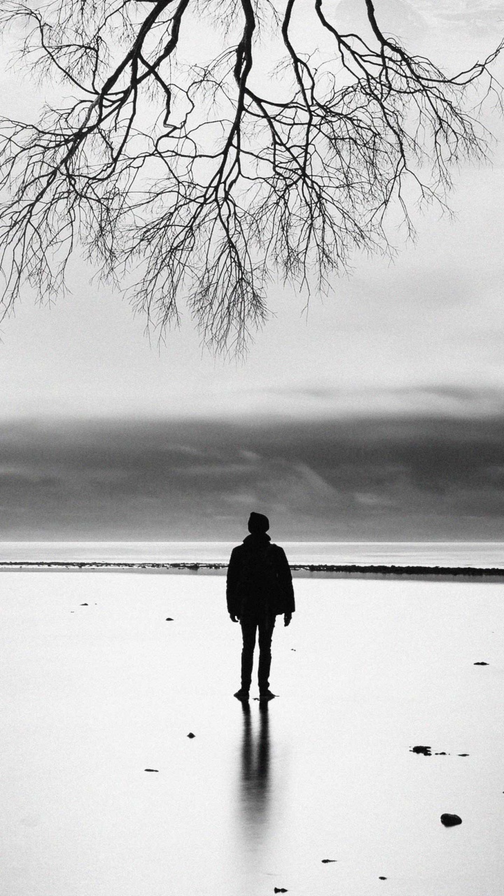 Hombre de Chaqueta Negra de Pie Sobre un Suelo Cubierto de Nieve Cerca de un Árbol Desnudo Durante el Día. Wallpaper in 720x1280 Resolution