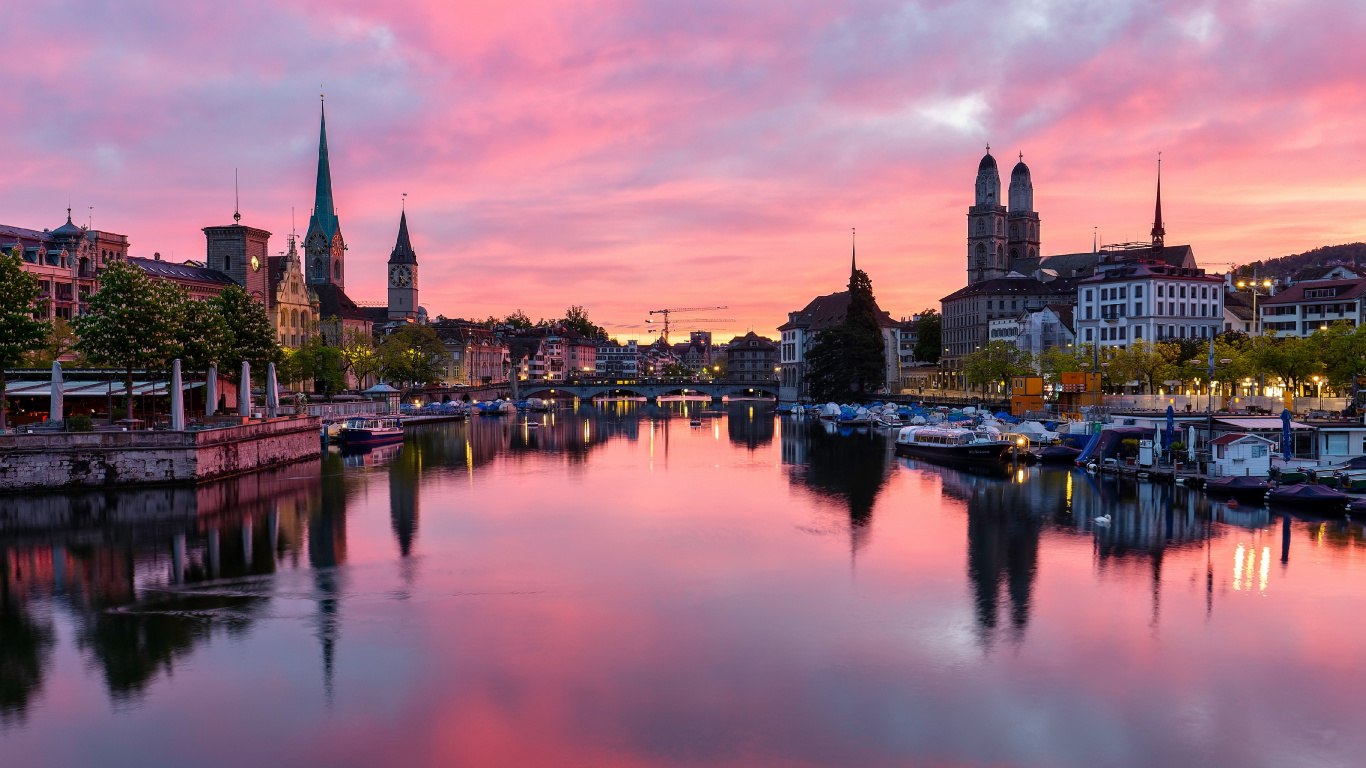 Suiza, Zrich, Grossmnster, Agua, Edificio. Wallpaper in 1366x768 Resolution