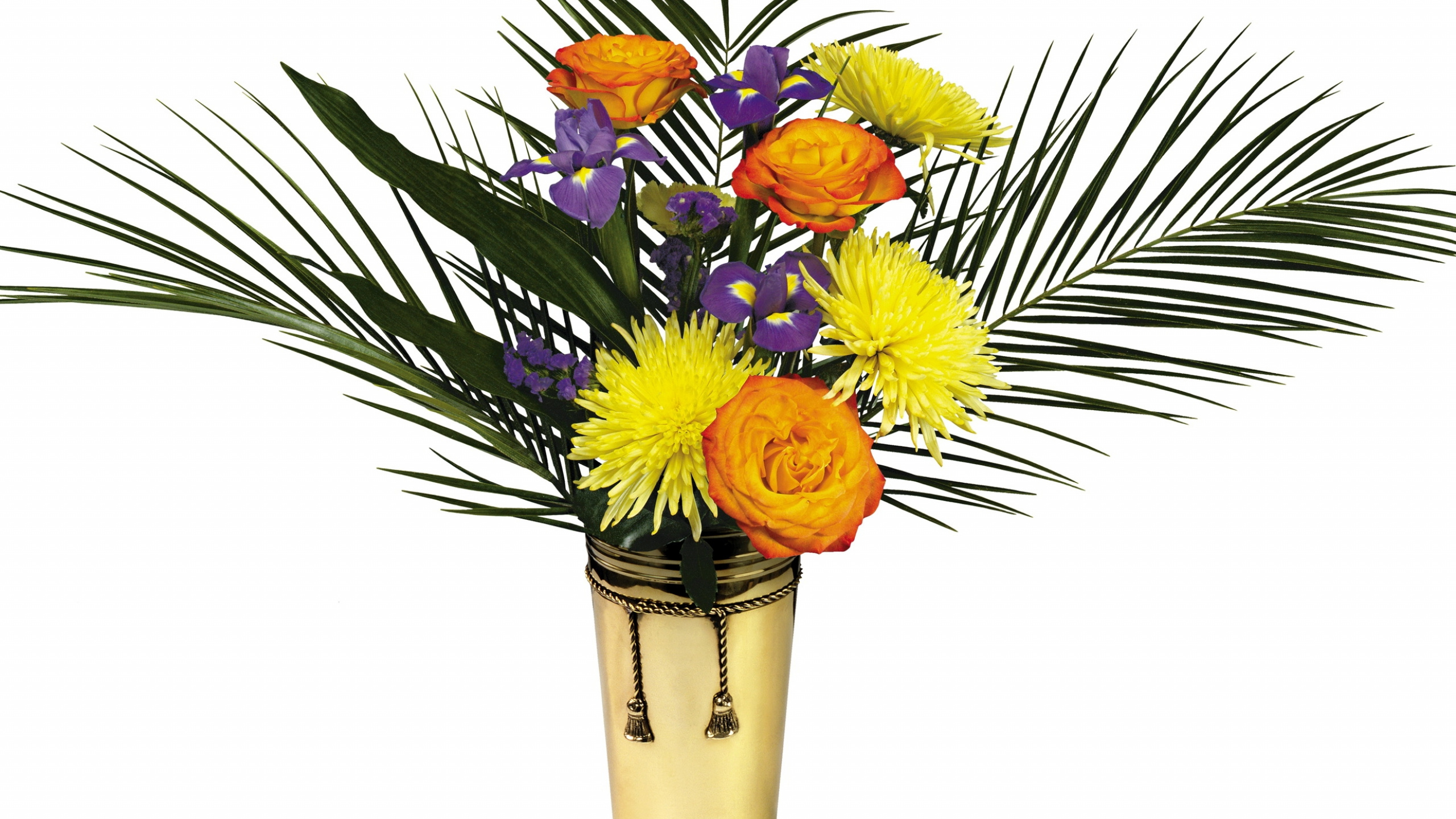 Yellow Red and Purple Flowers in White Ceramic Vase. Wallpaper in 2560x1440 Resolution