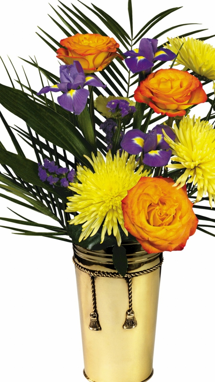 Yellow Red and Purple Flowers in White Ceramic Vase. Wallpaper in 720x1280 Resolution