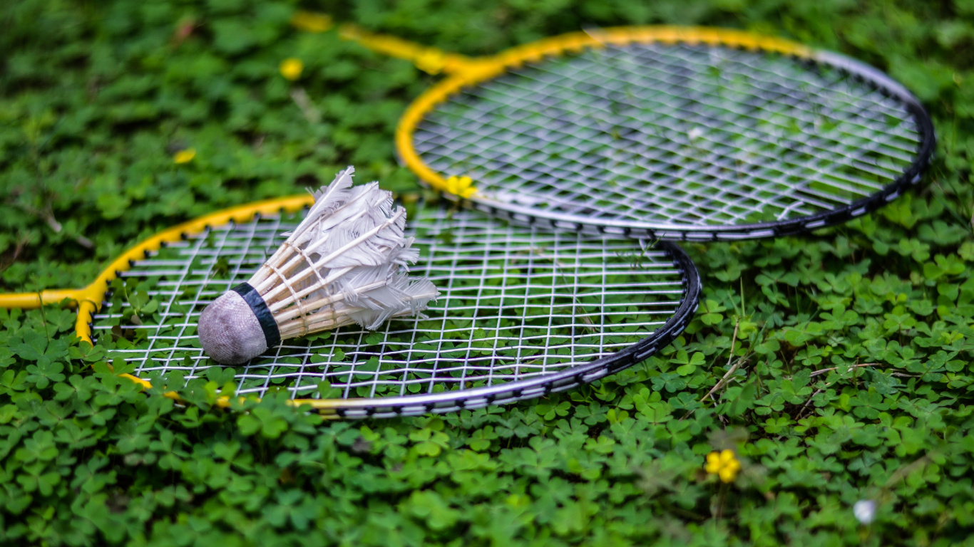 White and Black Tennis Racket on Green Grass. Wallpaper in 1366x768 Resolution