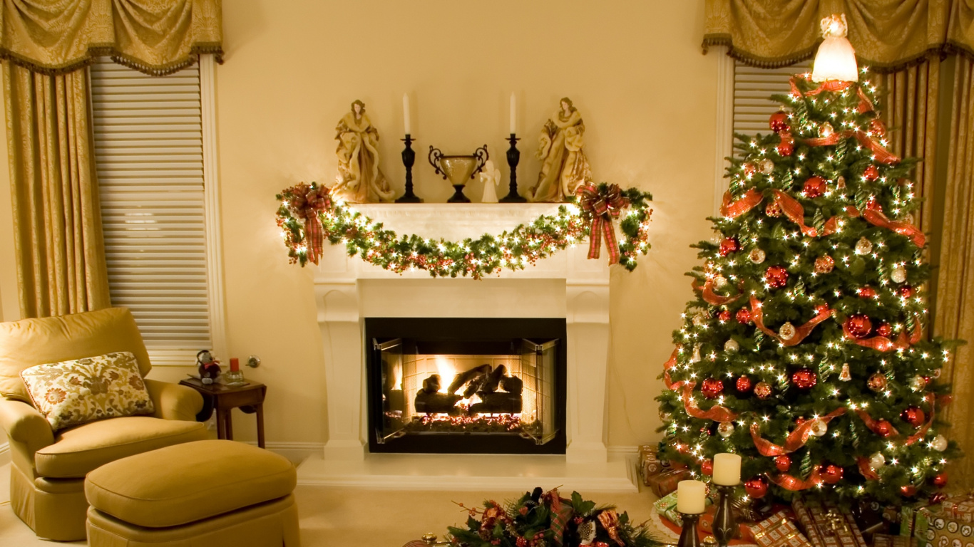 Weihnachten, Weihnachtsbaum, Weihnachtsdekoration, Ofen, Wohnzimmer. Wallpaper in 1366x768 Resolution