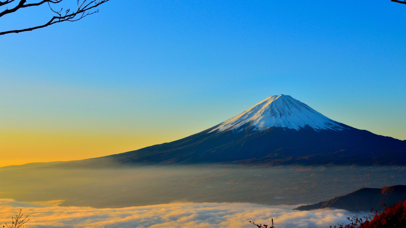 富士山, 成层, 多山的地貌, 高地, 早上 壁纸 1366x768 允许