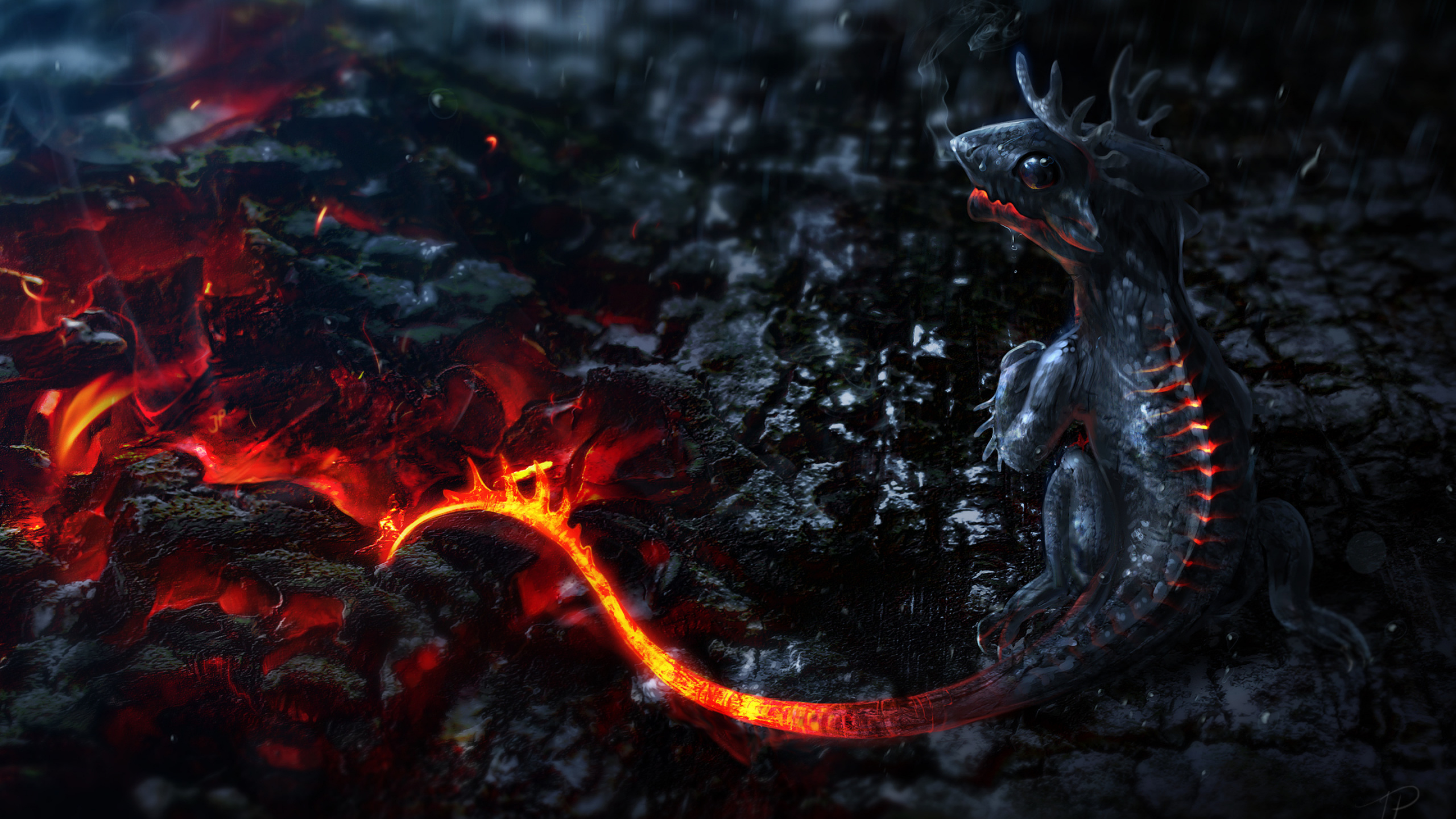 Bebé Dragón de Fuego, Dragón, Ceniza, Agua, Fuego. Wallpaper in 2560x1440 Resolution