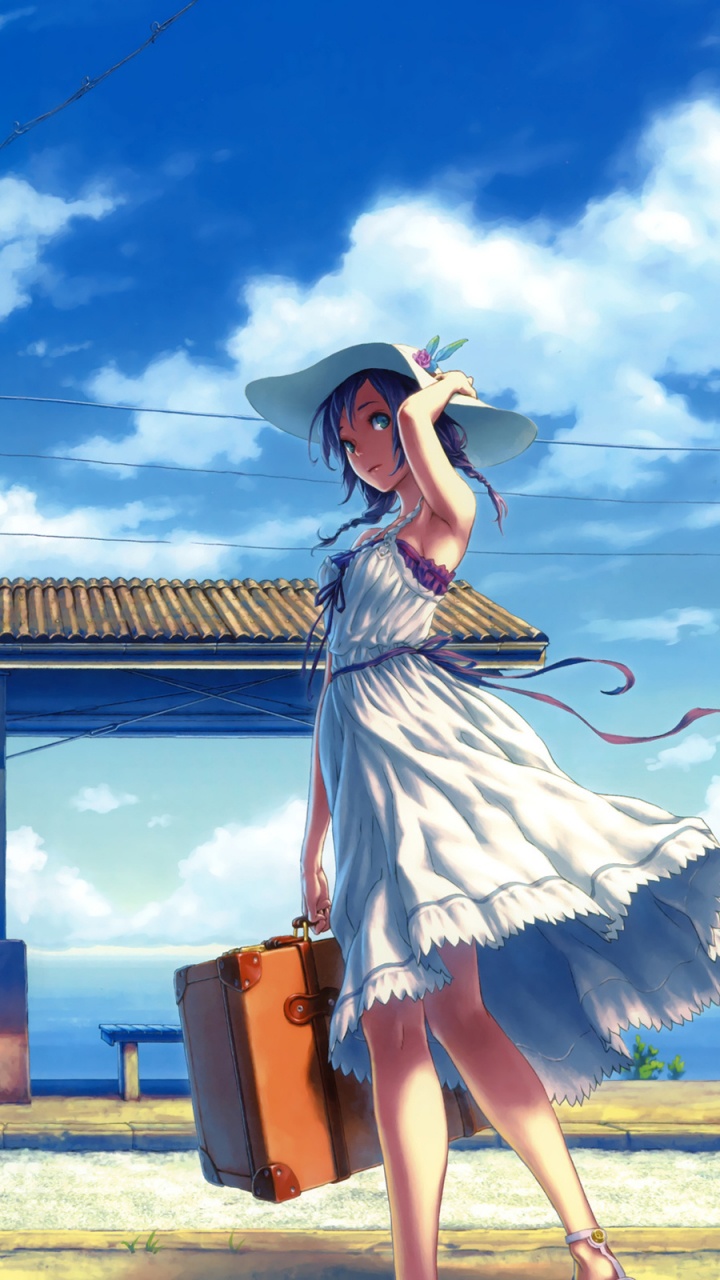 Woman in White Dress Wearing Black Hat Standing on Brown Wooden Bench During Daytime. Wallpaper in 720x1280 Resolution