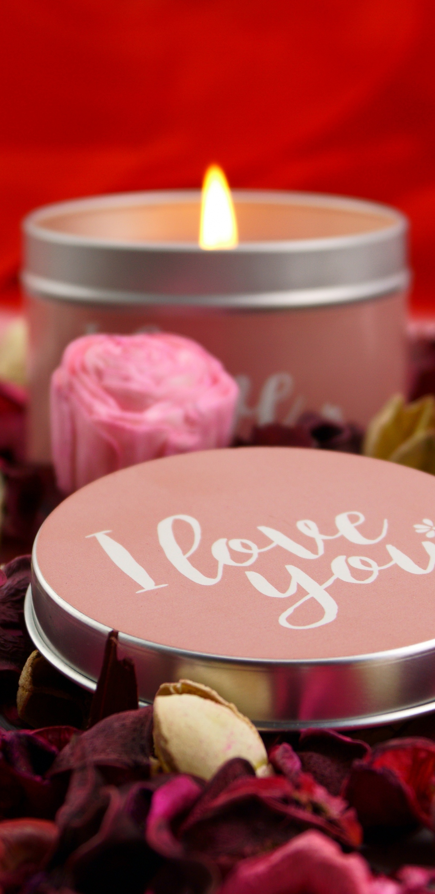 Kerze, Rose, Blütenblatt, Herzen, Pink. Wallpaper in 1440x2960 Resolution