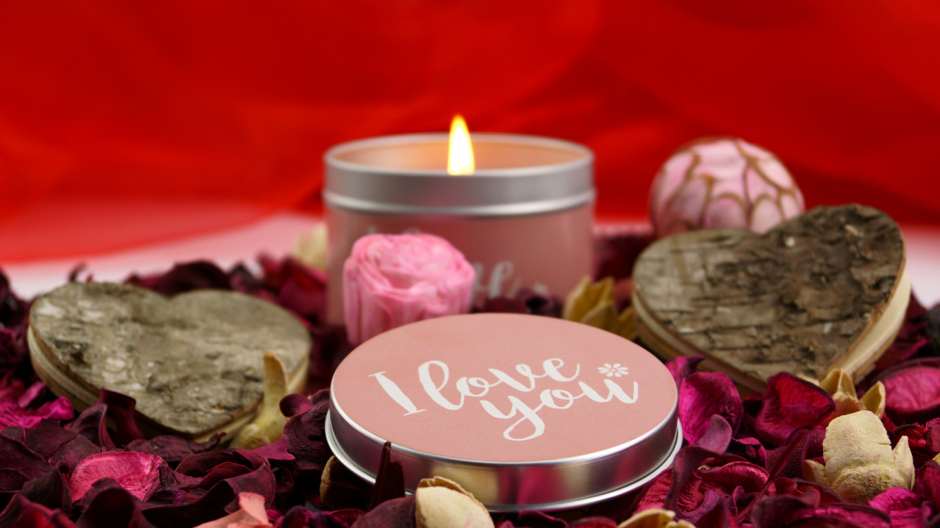 Candle, Rose, Flower, Petal, Heart. Wallpaper in 1366x768 Resolution
