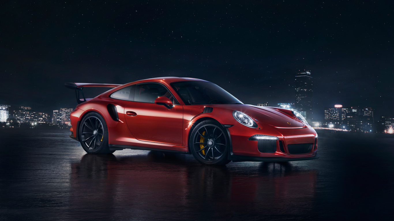 Red Porsche 911 on Black Surface. Wallpaper in 1366x768 Resolution