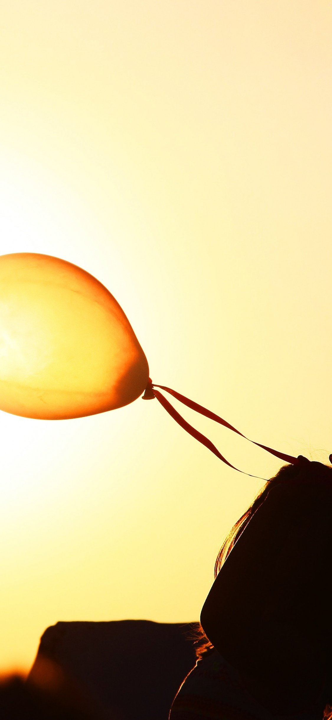 Silhouette of Man Holding Balloons During Sunset. Wallpaper in 1125x2436 Resolution