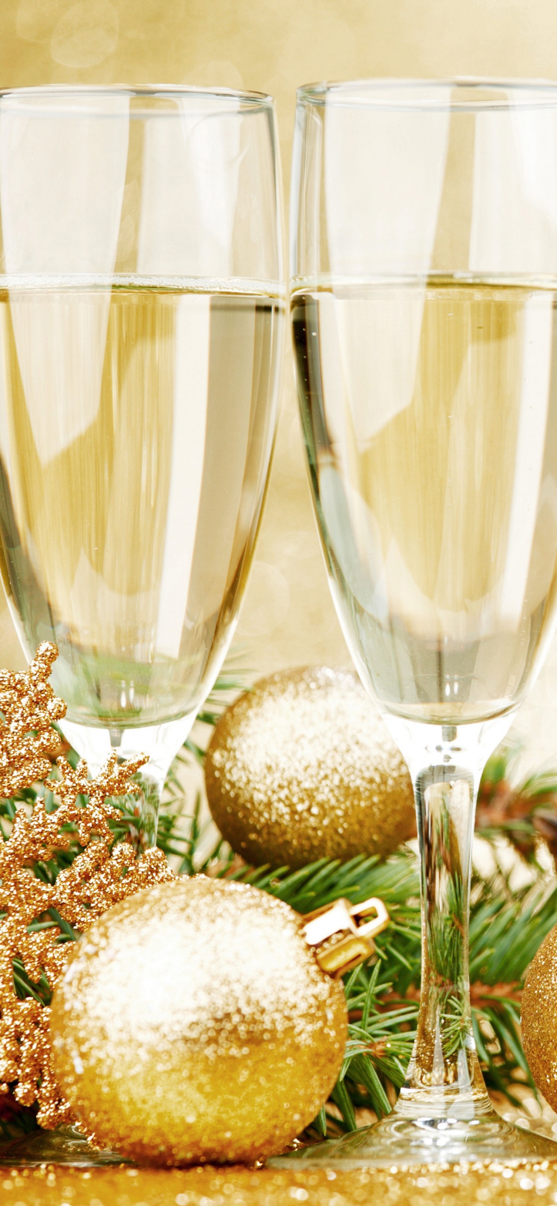 Champagner, Neujahr, Weihnachtsdekoration, Stilleben, Fir. Wallpaper in 1125x2436 Resolution