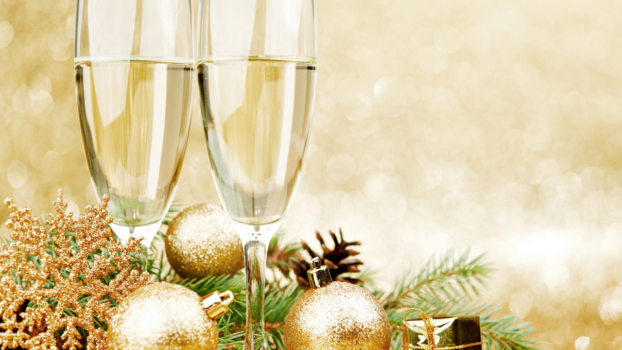 Champagner, Neujahr, Weihnachtsdekoration, Stilleben, Fir. Wallpaper in 1280x720 Resolution