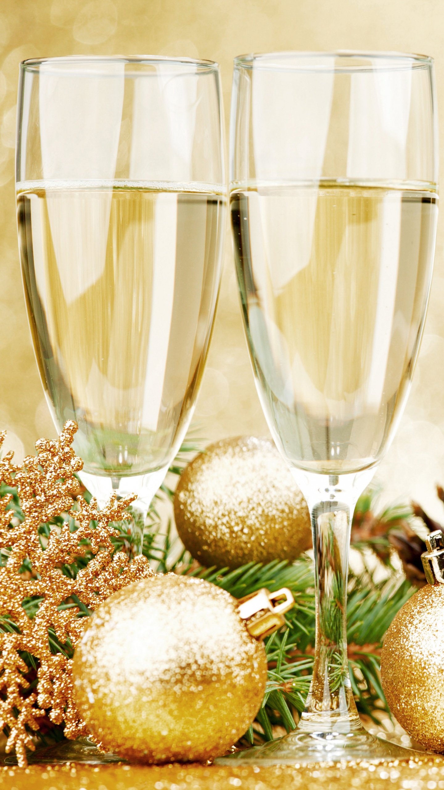 Champagner, Neujahr, Weihnachtsdekoration, Stilleben, Fir. Wallpaper in 1440x2560 Resolution