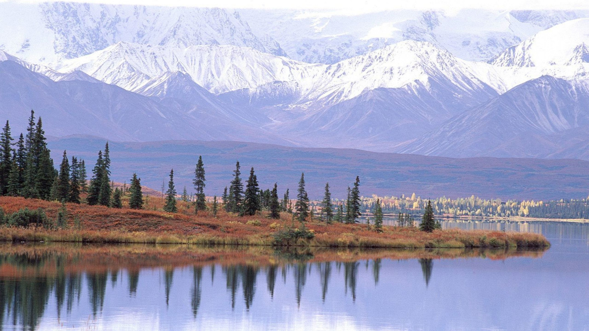 Green Trees Near Lake and Snow Covered Mountain During Daytime. Wallpaper in 1920x1080 Resolution