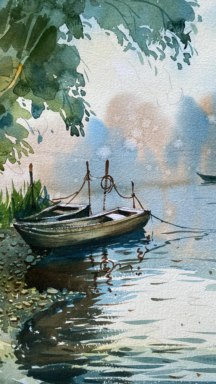 Aquarell Malen, Aquarell-Malerei, Malerei, Wasser, Boot. Wallpaper in 750x1334 Resolution