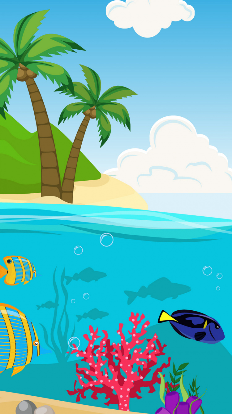卡通, 大海, 木本植物, 水上, 艺术 壁纸 750x1334 允许
