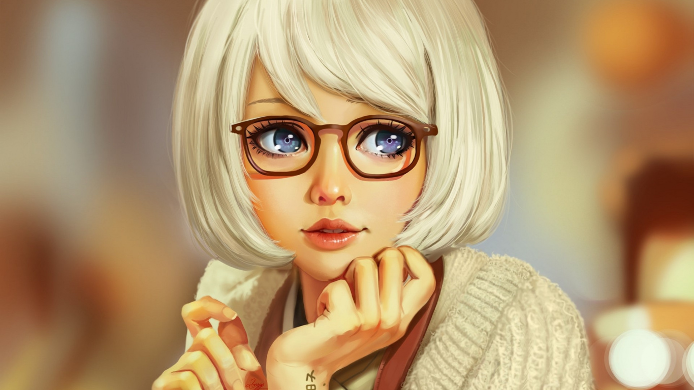 Blonde Haired Woman Wearing Brown Sweater and Black Framed Eyeglasses. Wallpaper in 1366x768 Resolution