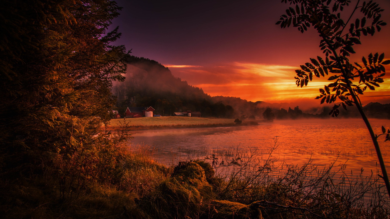 Gewässer in Der Nähe Von Bäumen Bei Sonnenuntergang. Wallpaper in 1366x768 Resolution