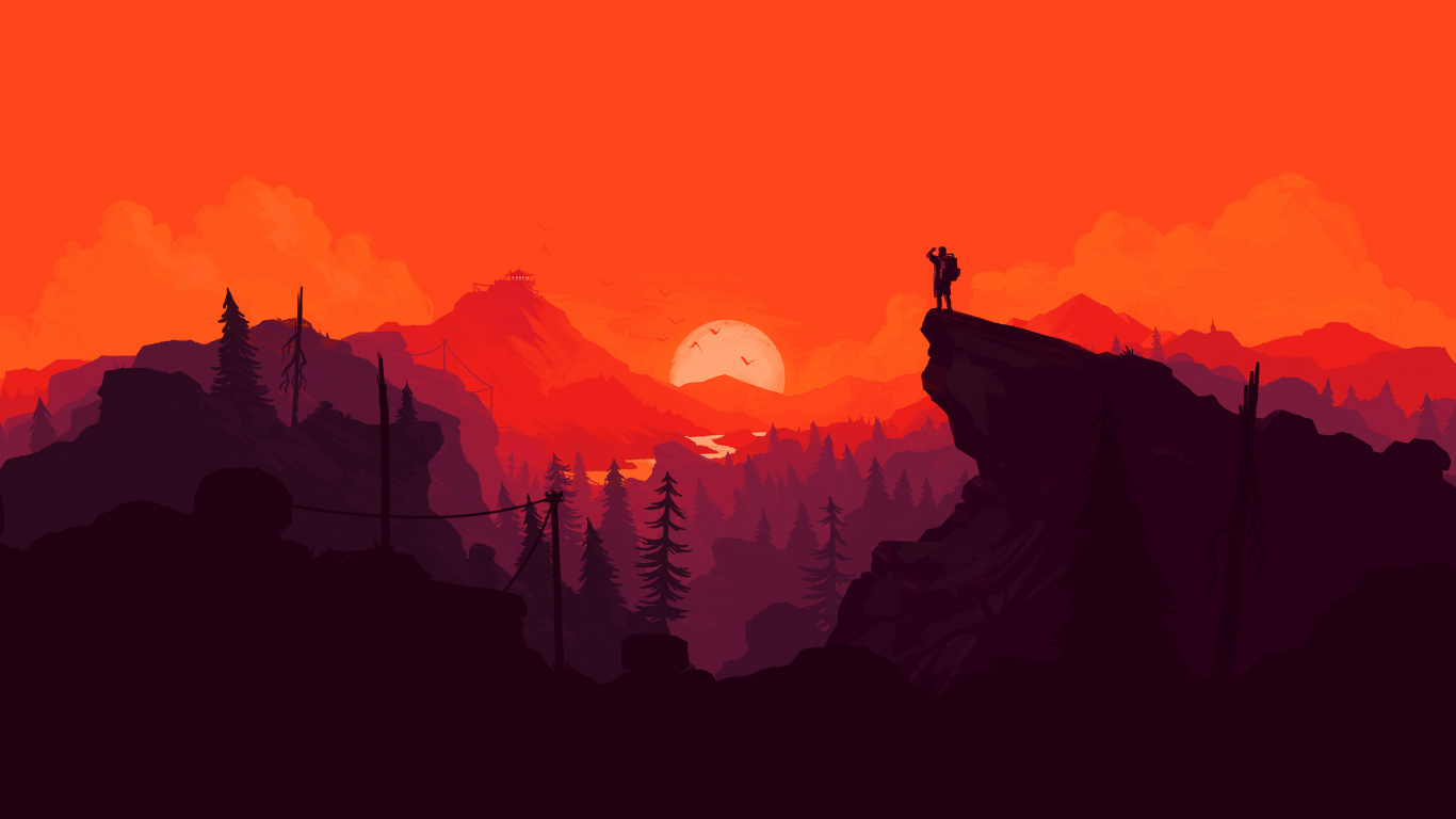 Minimalism, Mountainous Landforms, Red, Afterglow, Orange. Wallpaper in 1366x768 Resolution