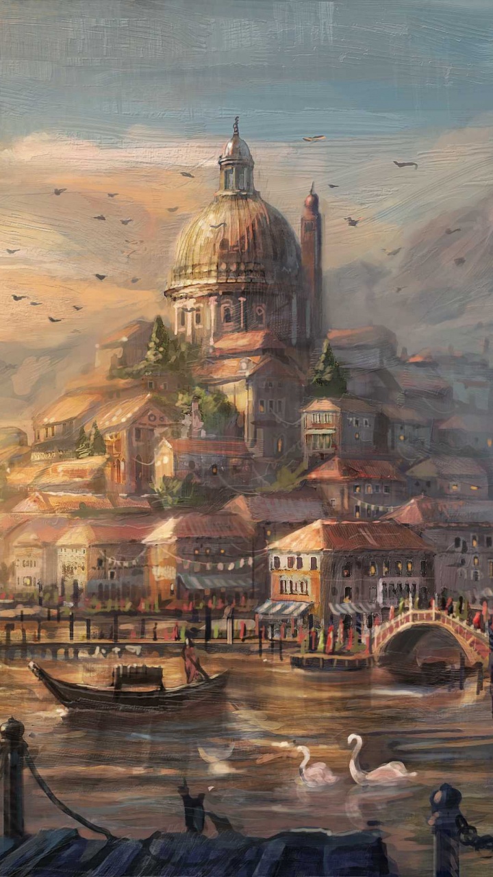 Boat on Water Near Tree Painting. Wallpaper in 720x1280 Resolution