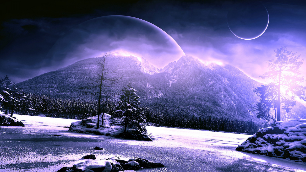 Schneebedecktes Feld Mit Bäumen Und Berg in Der Ferne. Wallpaper in 1280x720 Resolution