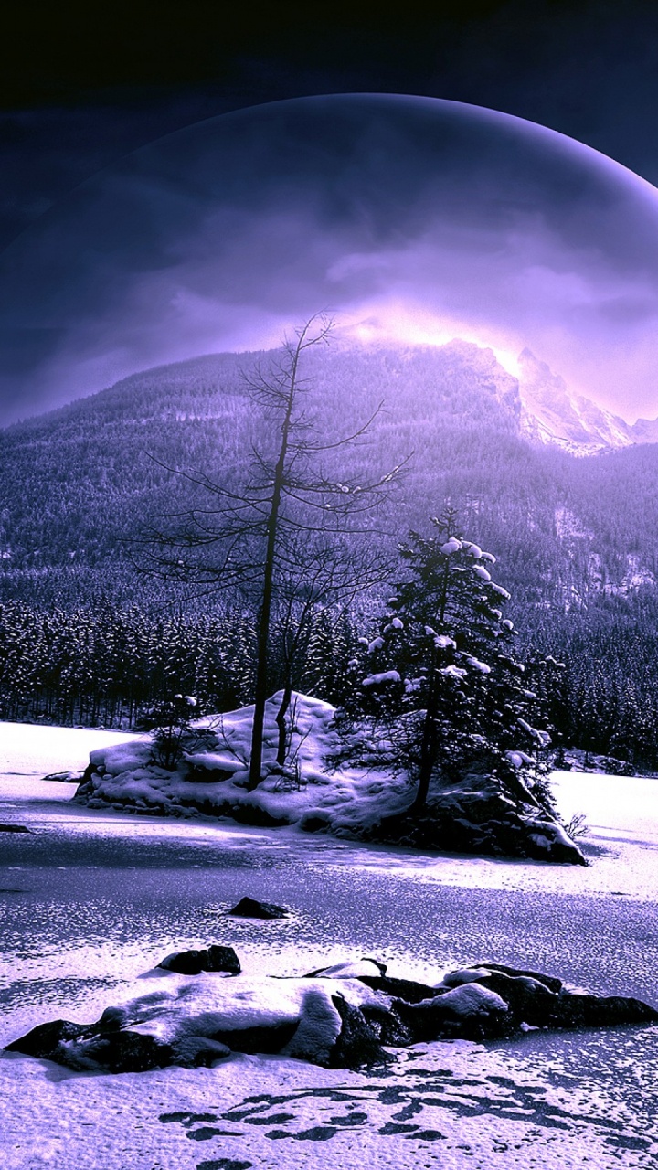 Snow Covered Field With Trees and Mountain in Distance. Wallpaper in 720x1280 Resolution
