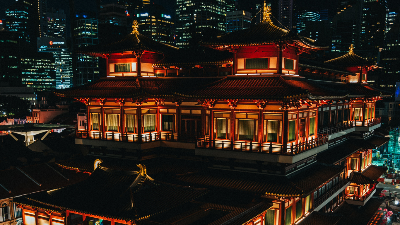 Red and Brown Temple During Night Time. Wallpaper in 1366x768 Resolution
