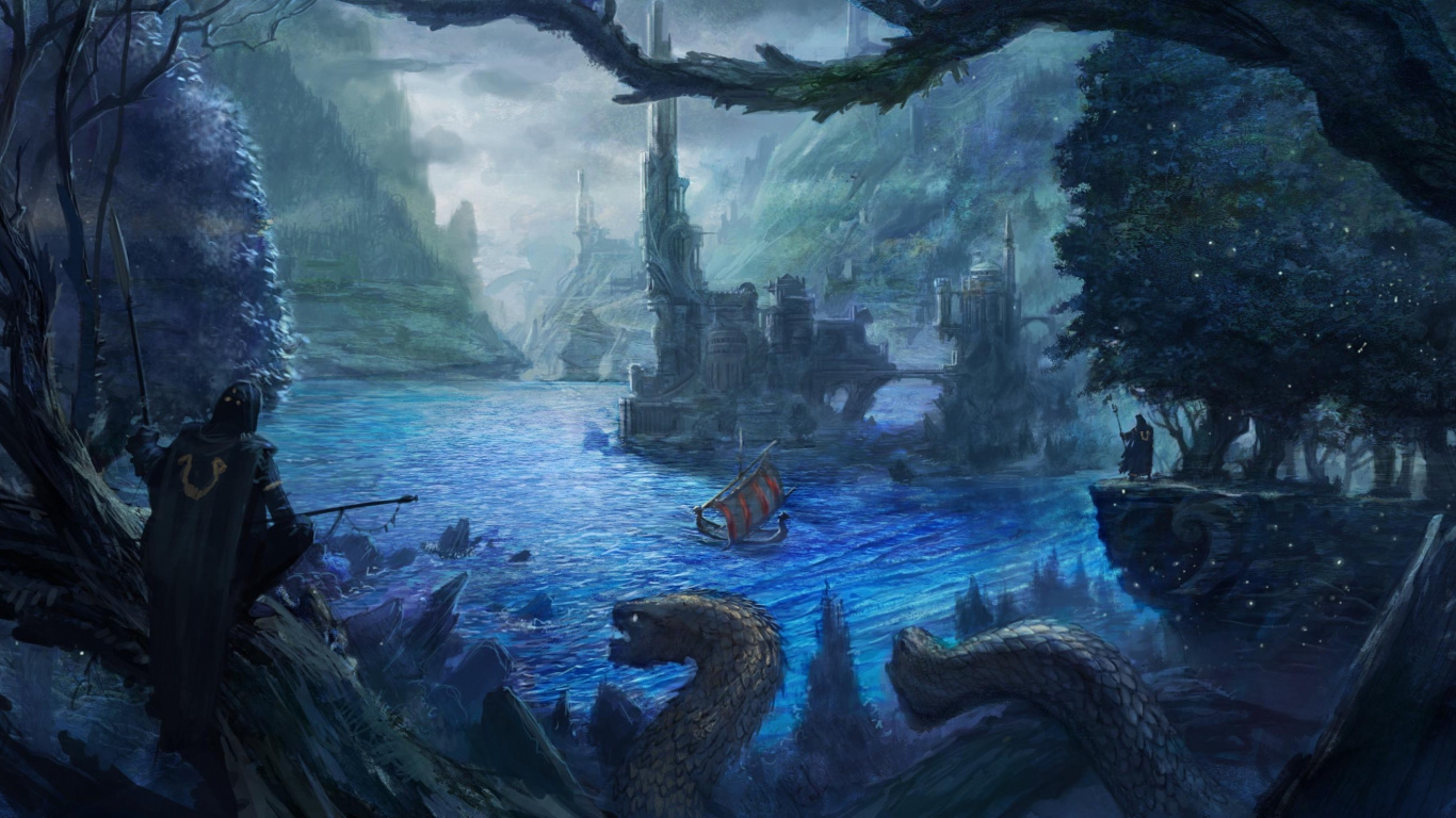 Brown and Green Tree Trunk on Body of Water Painting. Wallpaper in 1366x768 Resolution