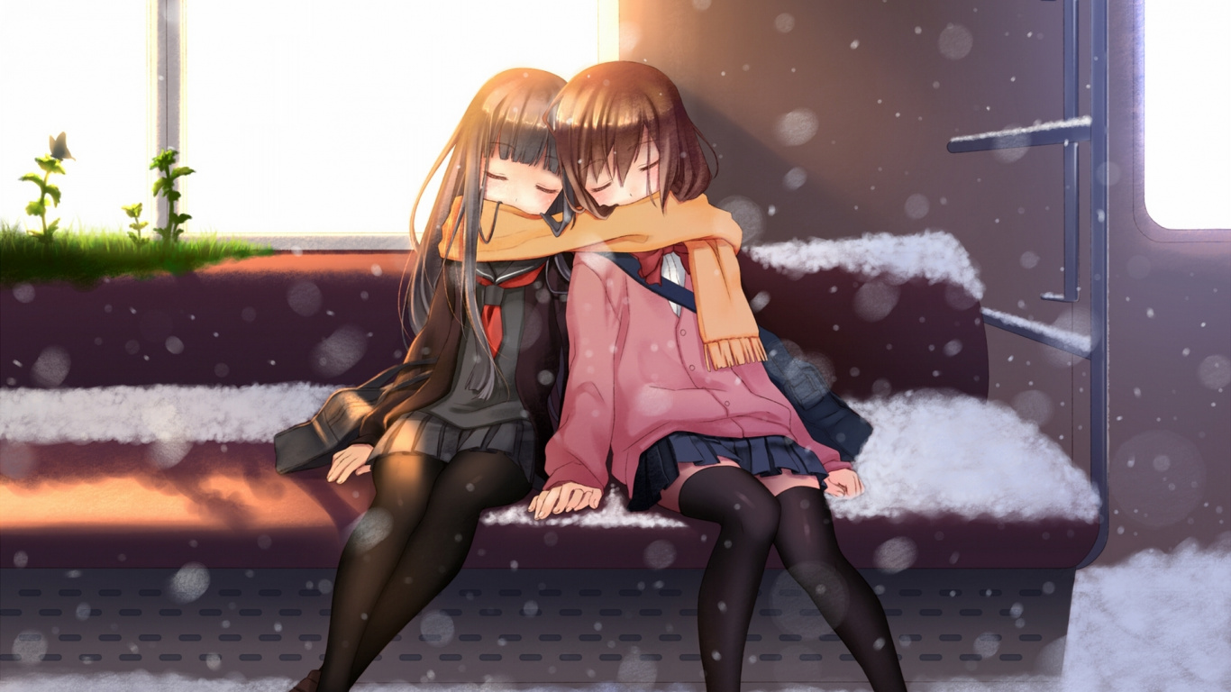 Woman in Pink Long Sleeve Shirt and Black Pants Sitting on Bench. Wallpaper in 1366x768 Resolution