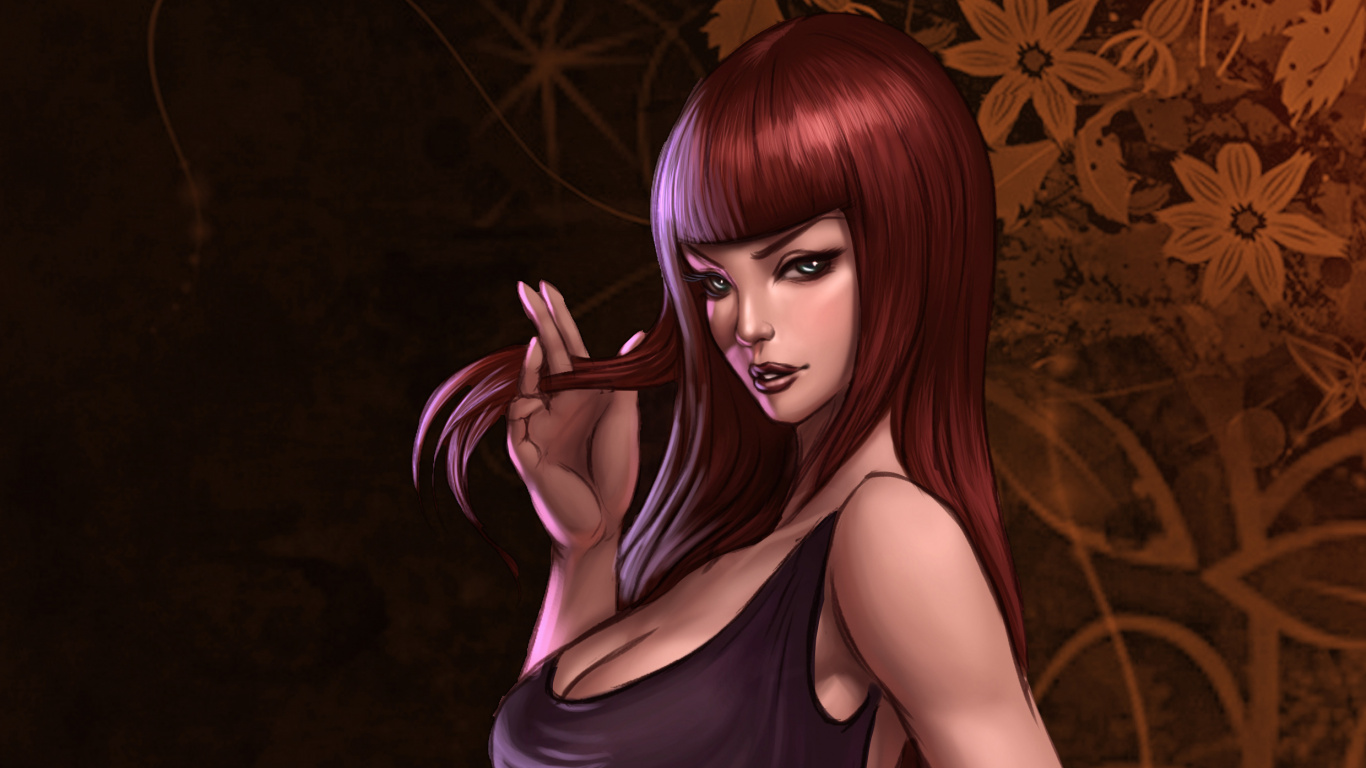 Femme Aux Cheveux Rouges en Illustration de Débardeur Noir. Wallpaper in 1366x768 Resolution