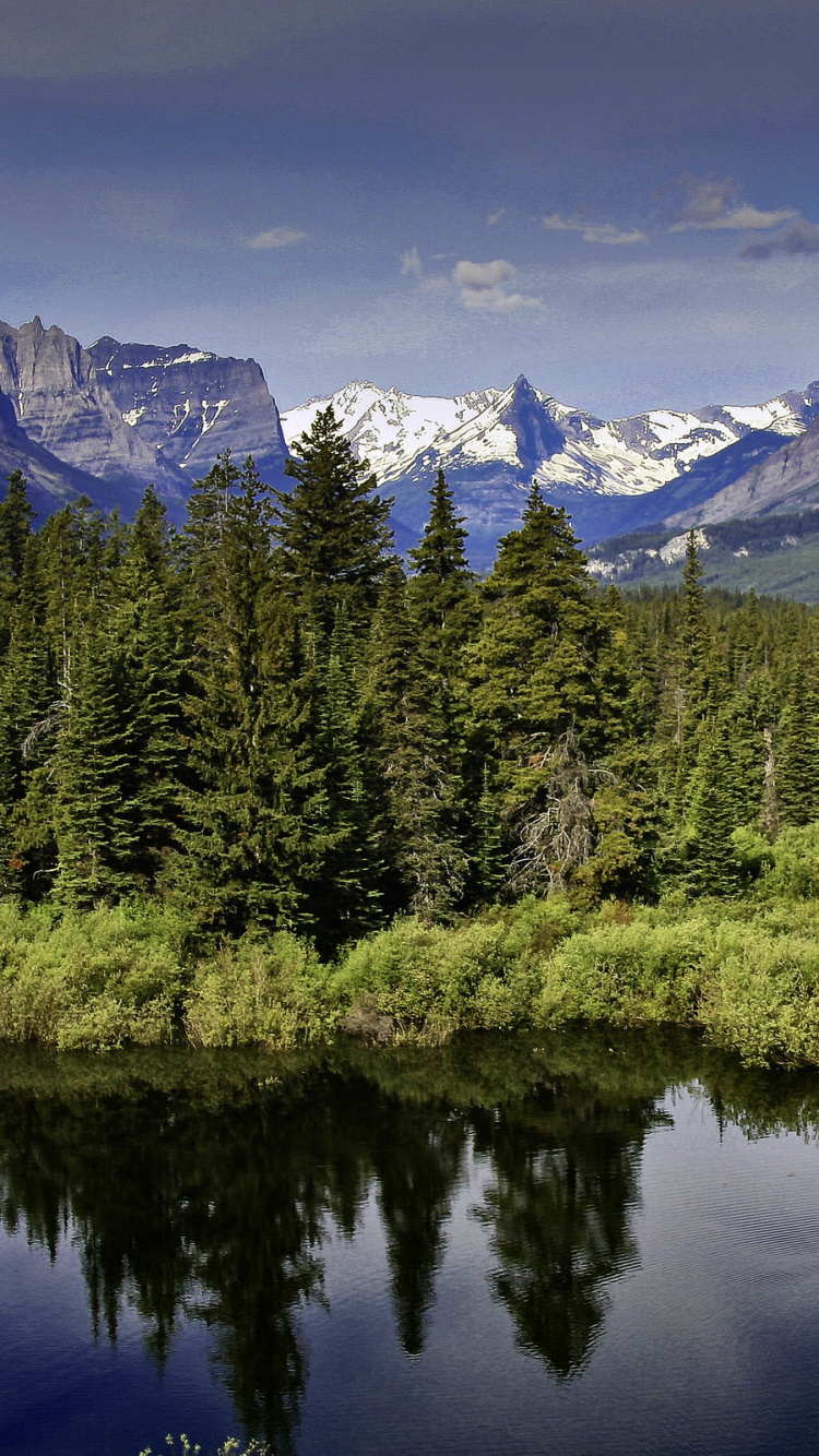 Green Trees Near Lake and Mountain Range. Wallpaper in 750x1334 Resolution